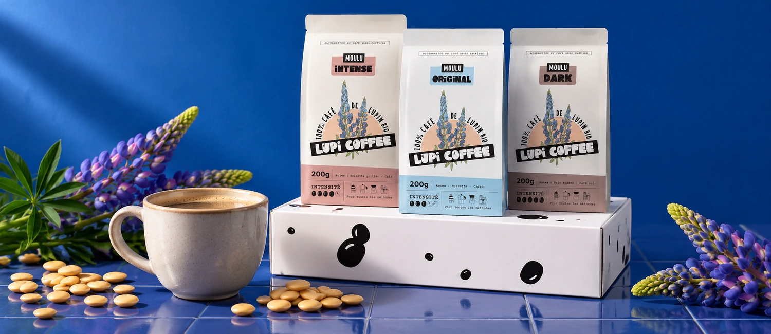 Boîte Lupi Coffee, tasse de café de lupin et fleurs de lupin