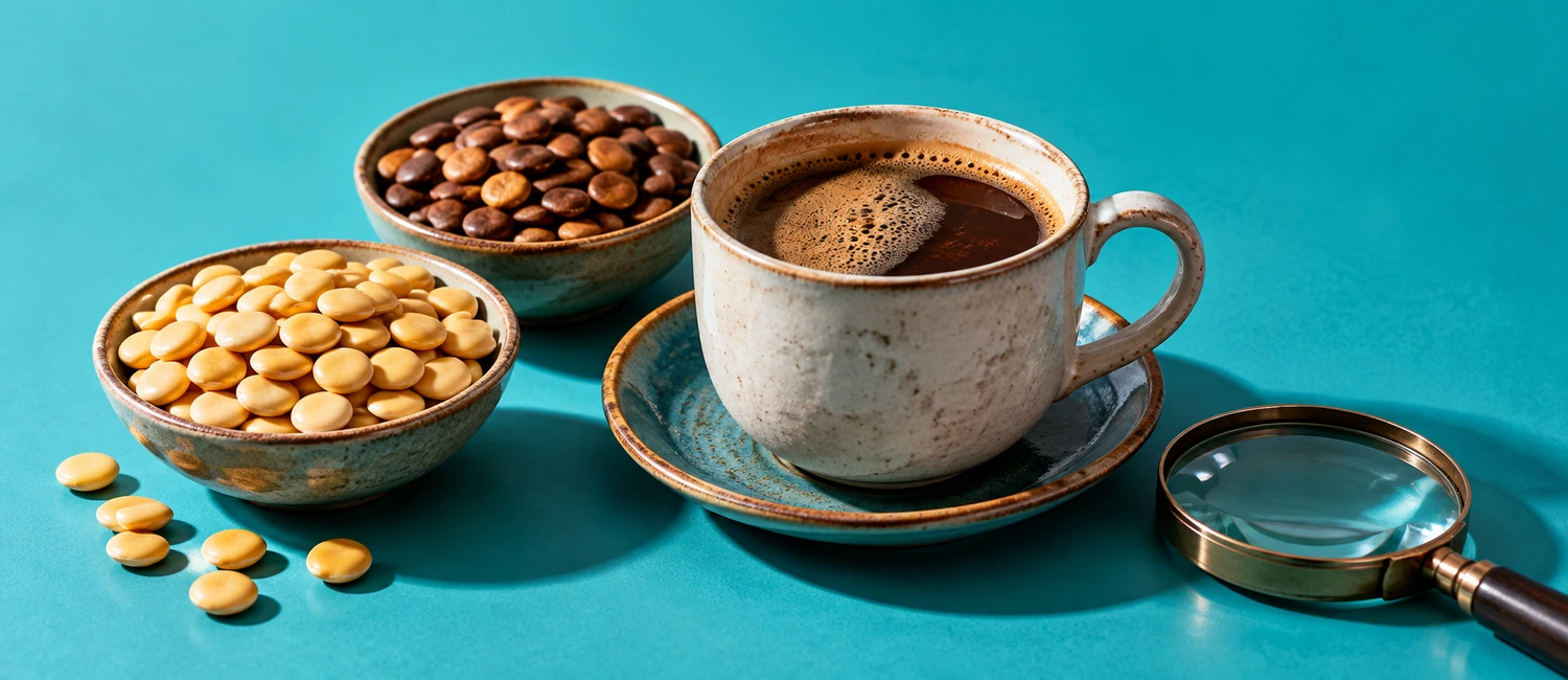 Graines de lupin crues, graines torréfiées et tasse de café de lupin