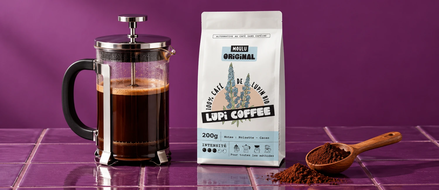Cafetière à piston, lupin moulu et sachet Lupi Coffee Original