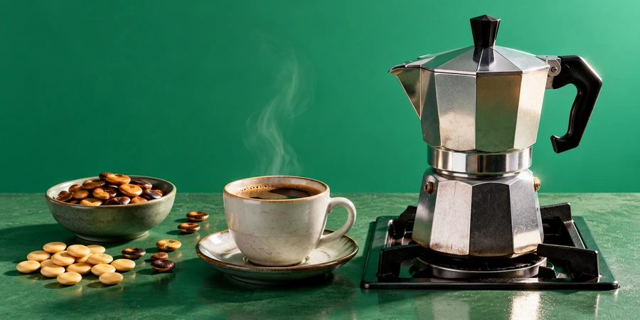 Cafetière italienne en acier sur une plaque de cuisson, à côté d’une petite tasse de café de lupin