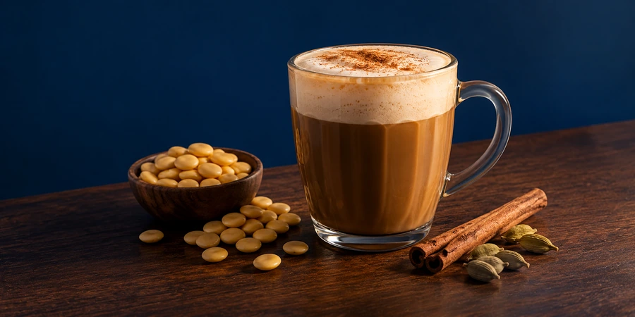 Latte de lupin au lait végétal mousseux dans un verre, avec un bâton de cannelle et des graines de cardamome