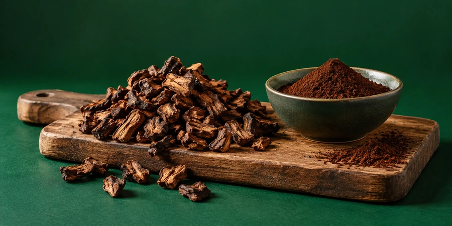 Morceaux de racine de chicorée torréfiée à côté d’une coupelle de chicorée soluble