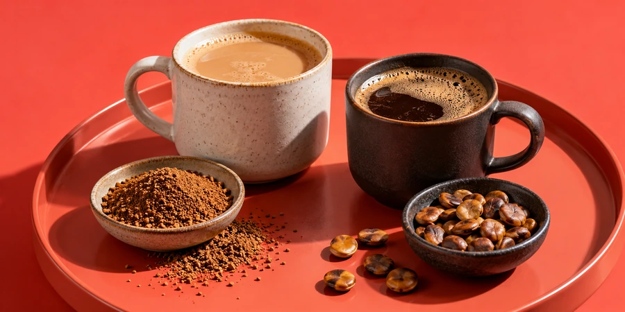 Une tasse de chicorée au lait et une tasse de café de lupin noir côte à côte