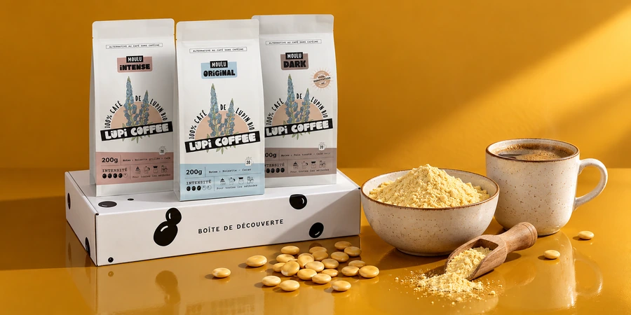Boîte de découverte Lupi Coffee à côté d’un bol de farine de lupin