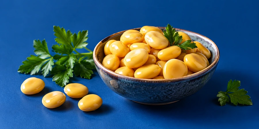 Coupelle de graines de lupin en saumure, jaunes et brillantes, servies pour l’apéritif