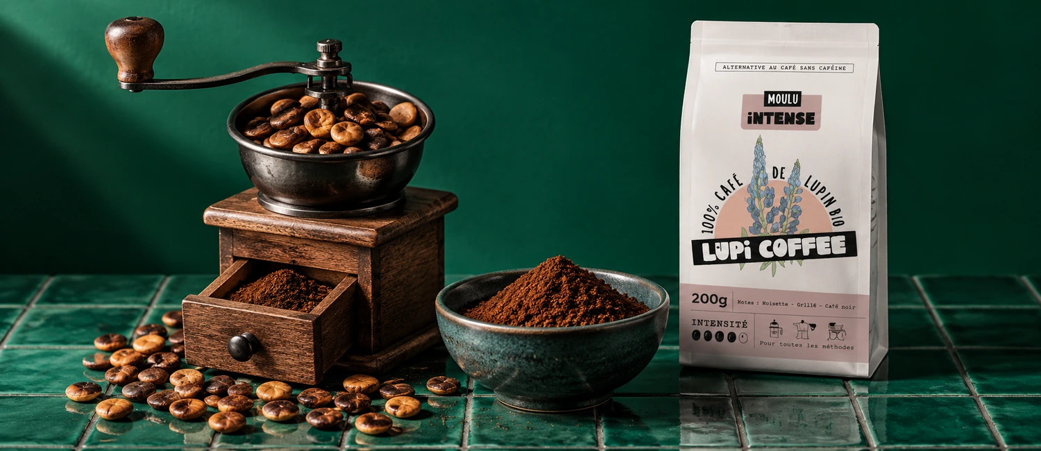 Graines de lupin torréfiées dans un moulin manuel et sachet Lupi Coffee