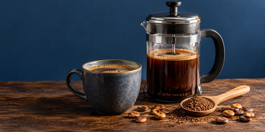 Cafetière à piston en verre remplie de café de lupin à côté d’une tasse et d’une cuillère de mouture
